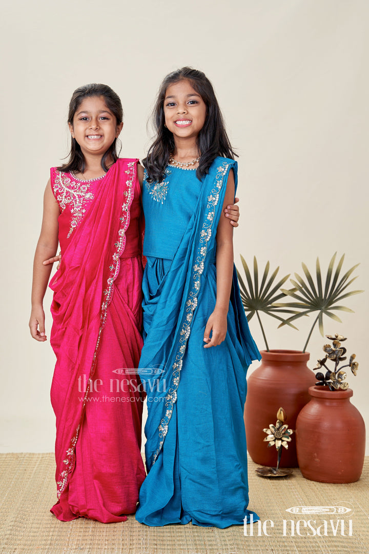 The Nesavu Girls Lehenga Choli Kids Saree Style Lehenga Choli for Family Functions in Teal Georgette with Designer Embroidery Nesavu Nesavu Saree Style Lehenga Choli Girls Teal Georgette Designer Embroidery Functions