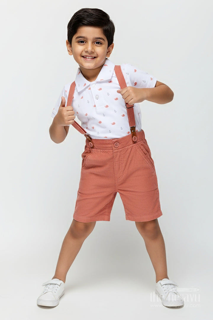 The Nesavu Boys Casual Set Kids Summer Special Dress with Printed Polo Shirt and Rust Corduroy Shorts for Breezy Styling Nesavu 12 (3M) / Red BCS326A-12 Nesavu Kids Summer Special Dress Printed Polo Shirt Rust Corduroy Shorts Casual Outings