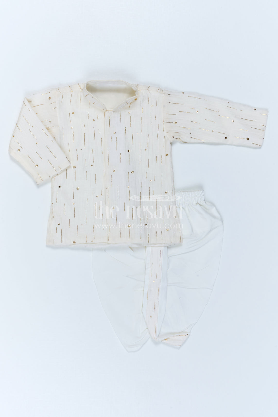 The Nesavu Boys Dothi Set Kids Traditional Dothi Set for Pooja and Temple Functions Nesavu 10 (NB) / Half white / Viscose Silk BES1021A-10 Nesavu Kids Traditional Dothi Set With Foil Embellished Kurta For Pooja And Festive Events