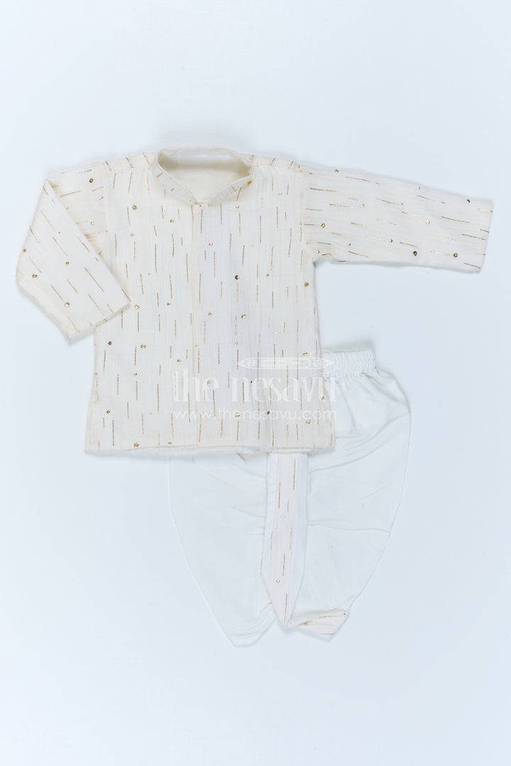 The Nesavu Boys Dothi Set Kids Traditional Dothi Set for Pooja and Temple Functions Nesavu 10 (NB) / Half white / Viscose Silk BES1021A-10 Nesavu Kids Traditional Dothi Set With Foil Embellished Kurta For Pooja And Festive Events