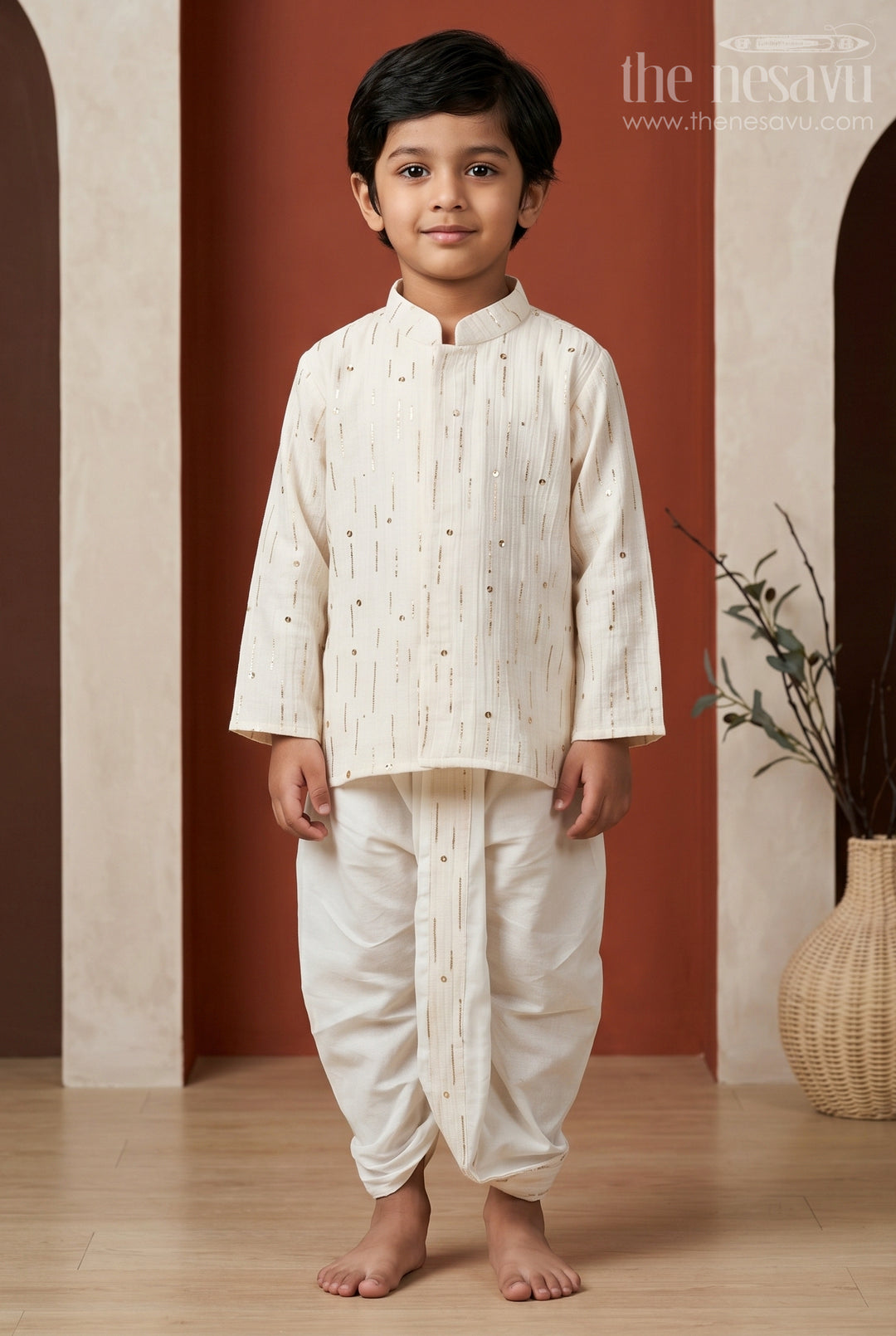 The Nesavu Boys Dothi Set Kids Traditional Dothi Set for Pooja and Temple Functions Nesavu 10 (NB) / Half white / Viscose Silk BES1021A-10 Nesavu Kids Traditional Dothi Set With Foil Embellished Kurta For Pooja And Festive Events