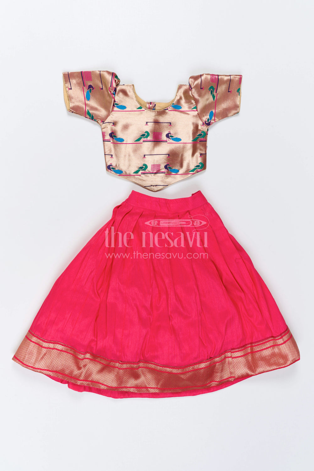 The Nesavu Pattu Pavadai Kids Traditional Pattu Pavadai for Festive Family Occasions Nesavu 18 (2Y) / Pink / Raw Silk GPP393C-18 Nesavu Kids Traditional Pattu Pavadai With Paithani Woven Blouse For Festive Occasions