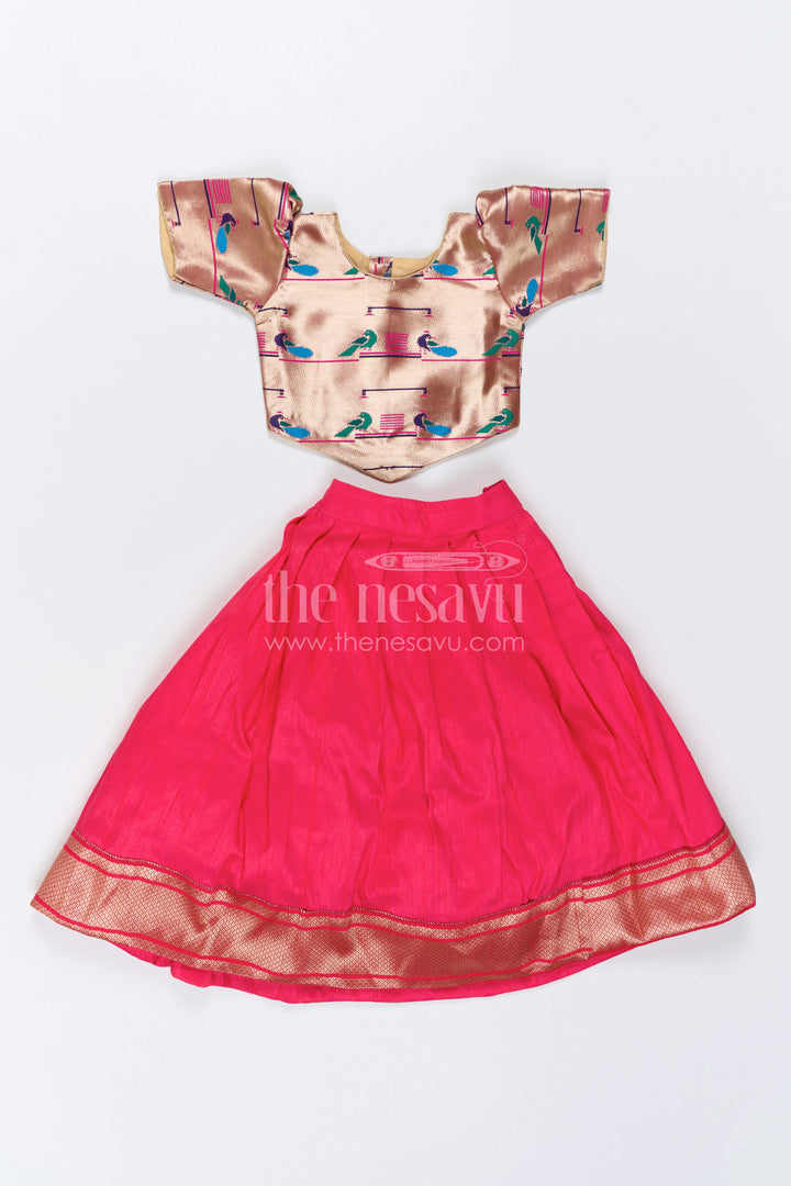 The Nesavu Pattu Pavadai Kids Traditional Pattu Pavadai for Festive Family Occasions Nesavu 18 (2Y) / Pink / Raw Silk GPP393C-18 Nesavu Kids Traditional Pattu Pavadai With Paithani Woven Blouse For Festive Occasions