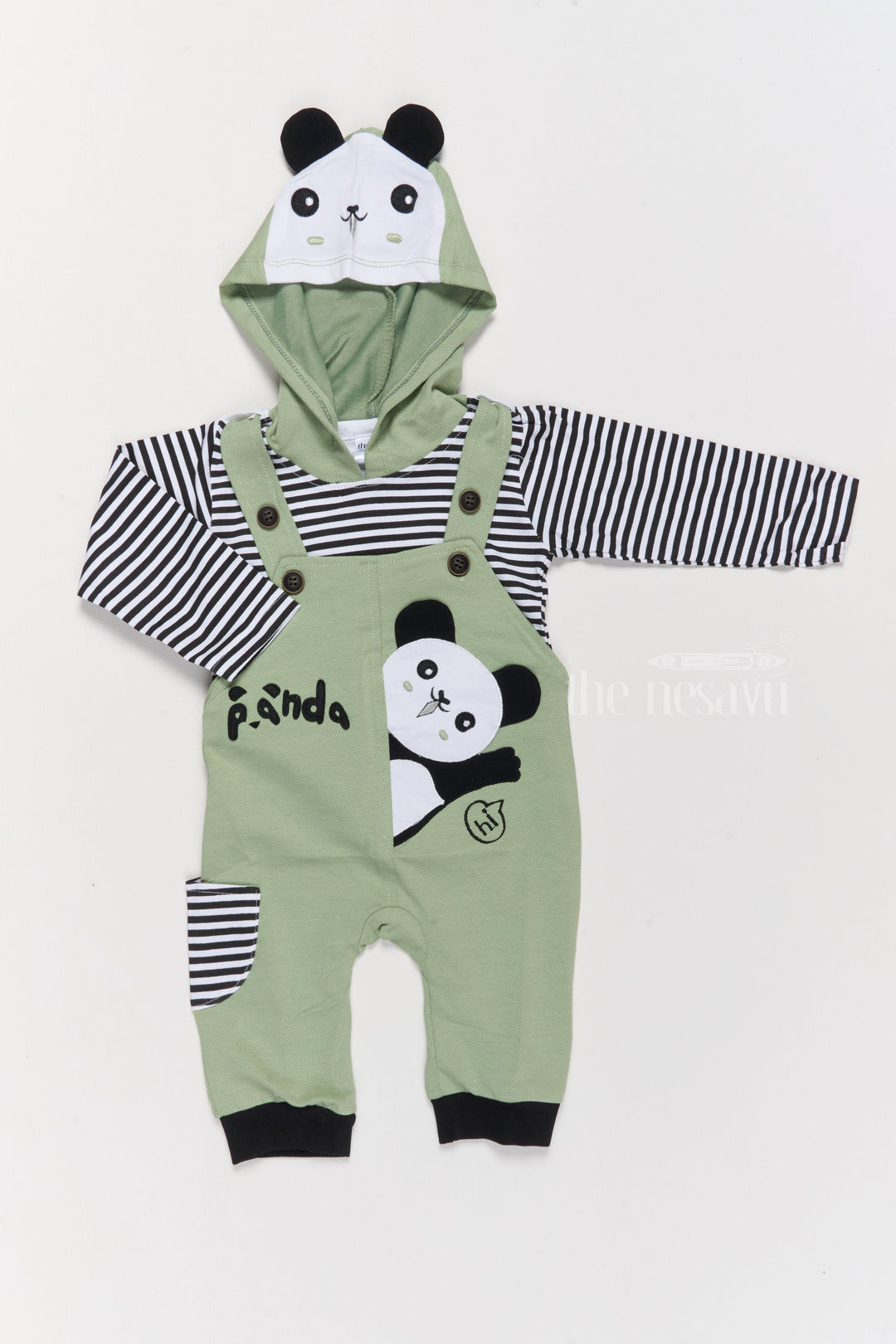 The Nesavu Baby Casual Sets Korean Culture Dress Cotton Panda Green Romper with Striped Shirt and Hood Nesavu 14 (6M) / Green BCS185B-14 Korean Culture Dress Cotton Panda Hooded Romper Green | The Nesavu