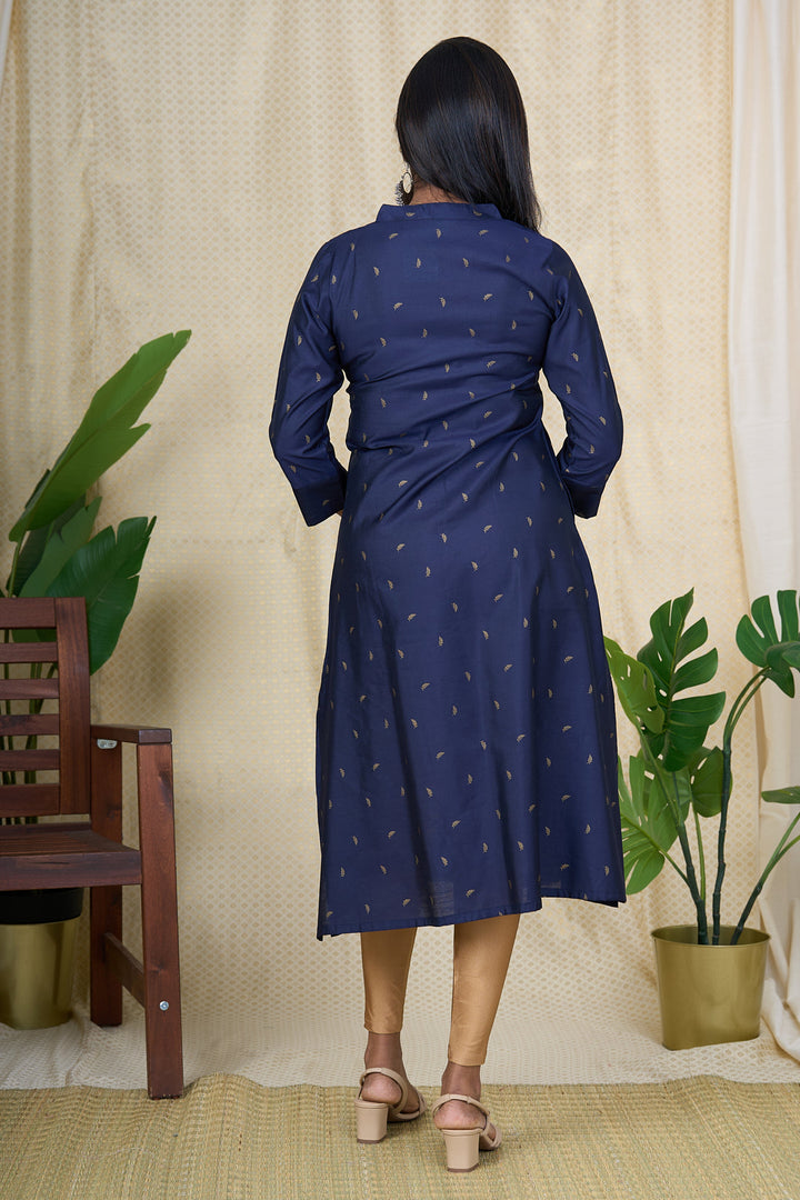 The Nesavu Womens A-Line Kurthas Kurta for Women Online - Navy Blue Viscose Silk Kurta with Chinese Collar Nesavu