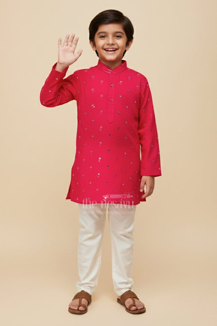 The Nesavu Boys Kurtha Set Kurta Set for Boys with Embroidered Viscose Silk for Festive Wear Nesavu 16 (1Y) / Red BES755D-16 Nesavu boys red viscose silk kurta set with sequence embroidery for weddings and traditional functions