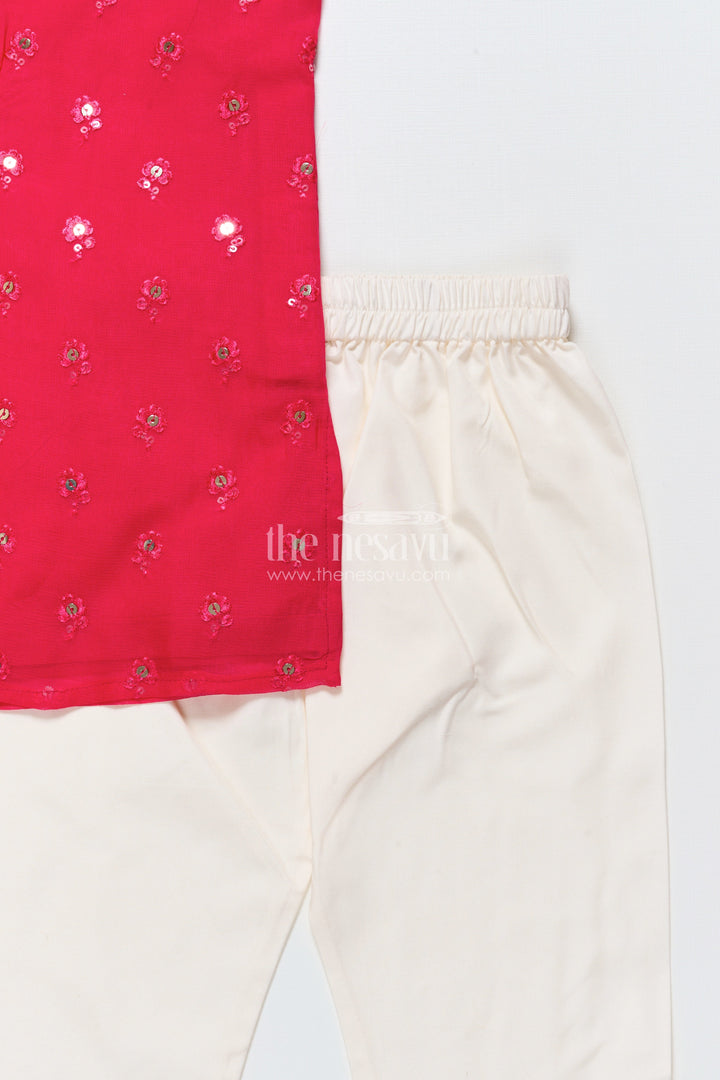 The Nesavu Boys Kurtha Set Kurta Set for Boys with Embroidered Viscose Silk for Festive Wear Nesavu Nesavu boys red viscose silk kurta set with sequence embroidery for weddings and traditional functions