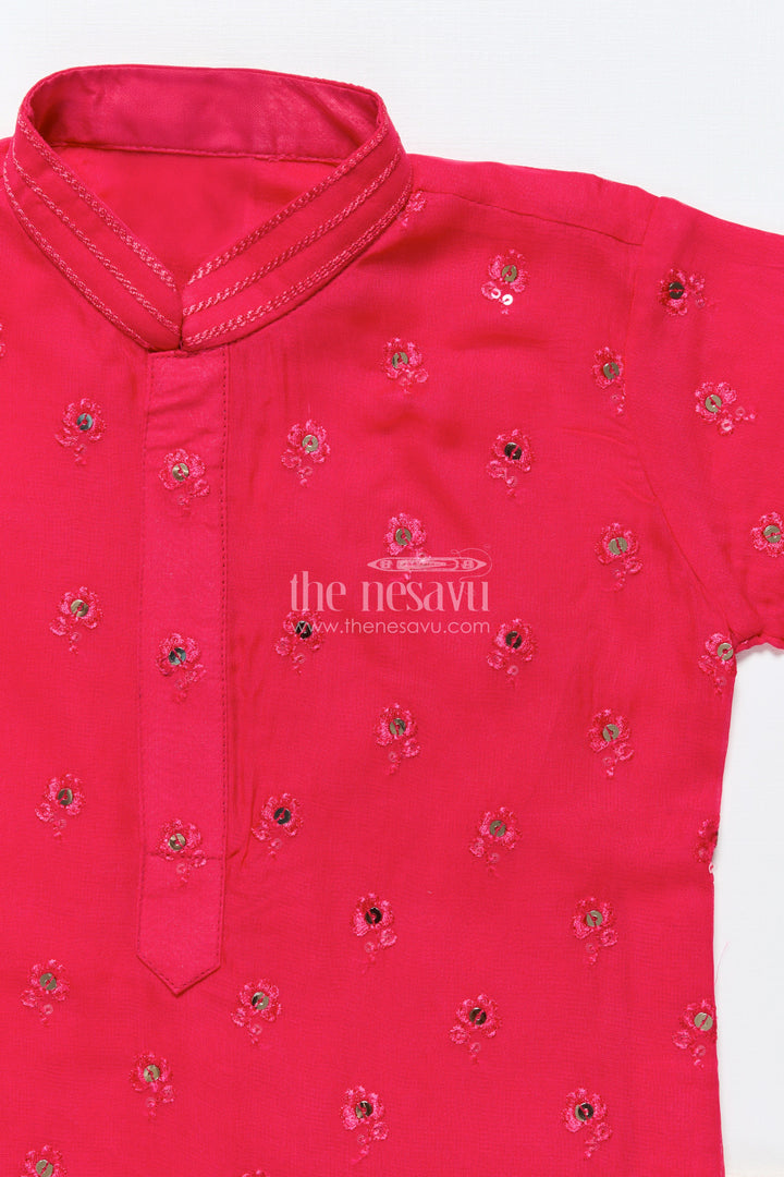 The Nesavu Boys Kurtha Set Kurta Set for Boys with Embroidered Viscose Silk for Festive Wear Nesavu Nesavu boys red viscose silk kurta set with sequence embroidery for weddings and traditional functions
