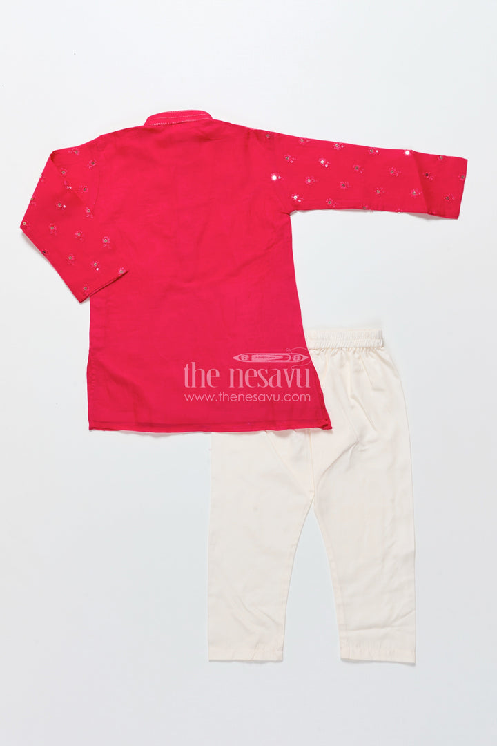 The Nesavu Boys Kurtha Set Kurta Set for Boys with Embroidered Viscose Silk for Festive Wear Nesavu Nesavu boys red viscose silk kurta set with sequence embroidery for weddings and traditional functions