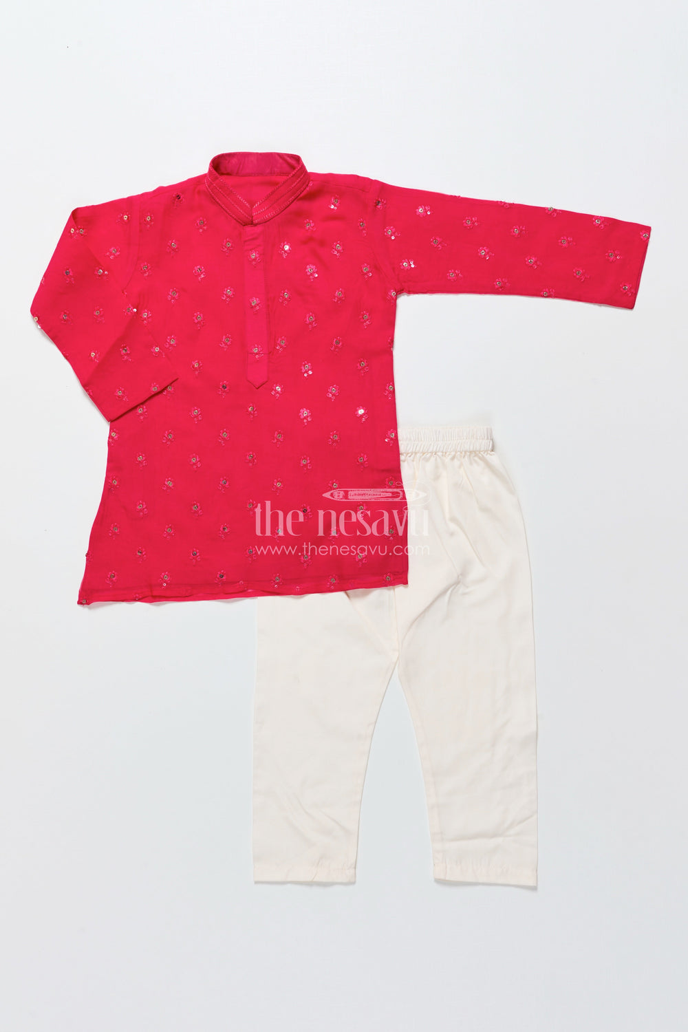 The Nesavu Boys Kurtha Set Kurta Set for Boys with Embroidered Viscose Silk for Festive Wear Nesavu Nesavu boys red viscose silk kurta set with sequence embroidery for weddings and traditional functions