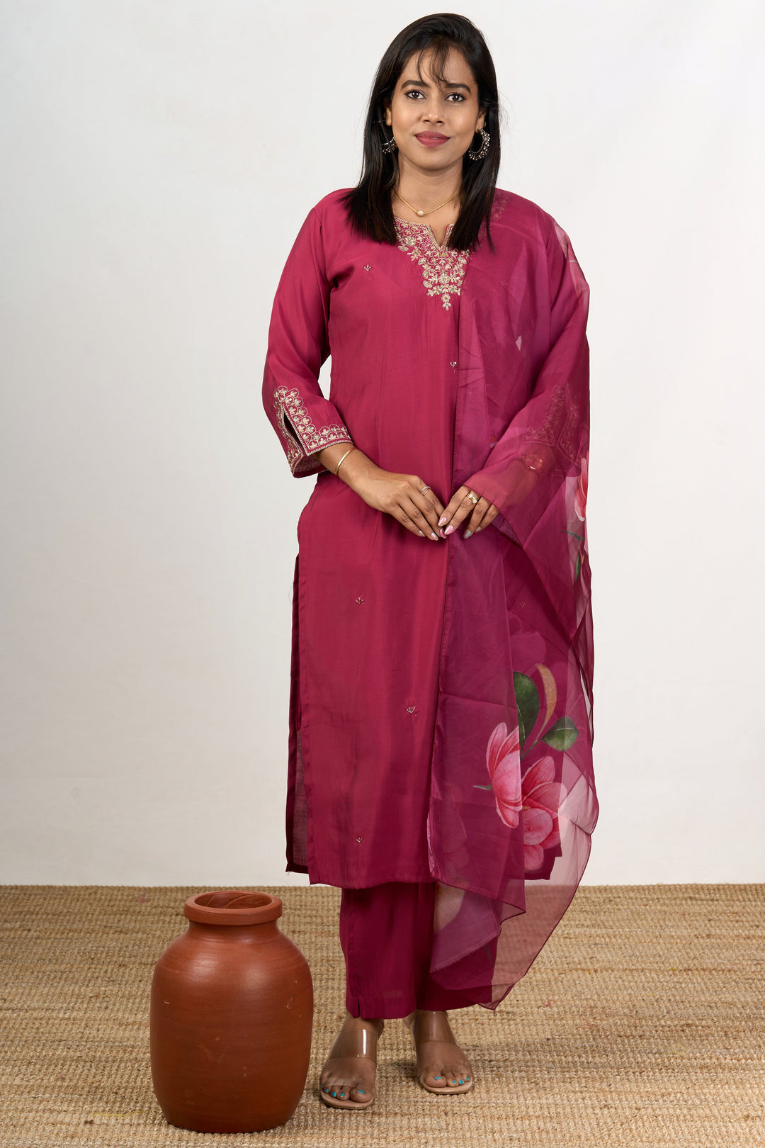 The Nesavu Womens Straight Suit Sets Kurti Dupatta Set in Magenta Blend Silk with Intricate Embroidery for Women Nesavu 38 (M) / Magenta WTH059A-38 Magenta Blend Silk Kurti Dupatta Plazo Set Embroidered Details Womens Festive Wear | The Nesavu