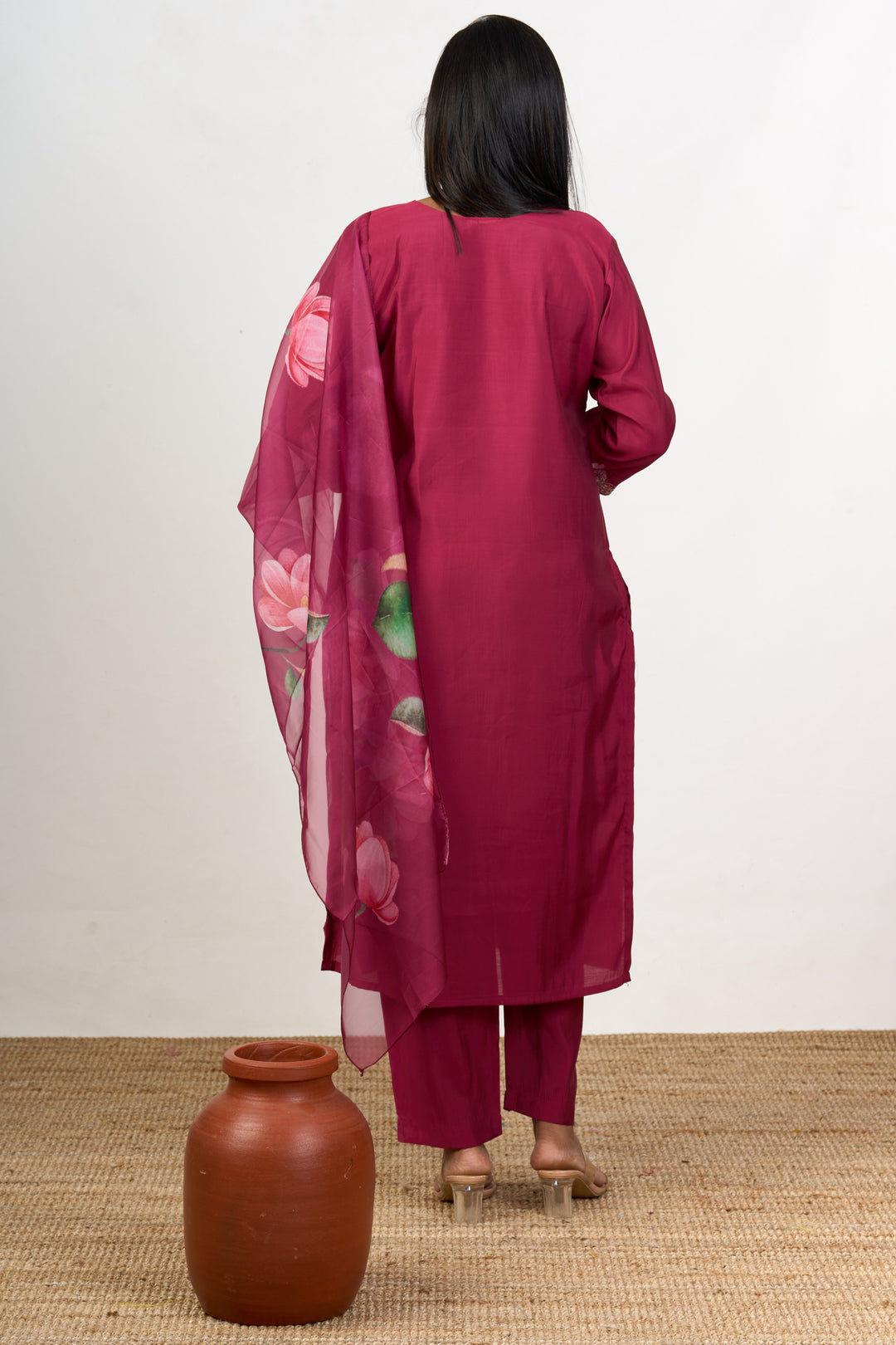 The Nesavu Womens Straight Suit Sets Kurti Dupatta Set in Magenta Blend Silk with Intricate Embroidery for Women Nesavu Magenta Blend Silk Kurti Dupatta Plazo Set Embroidered Details Womens Festive Wear | The Nesavu