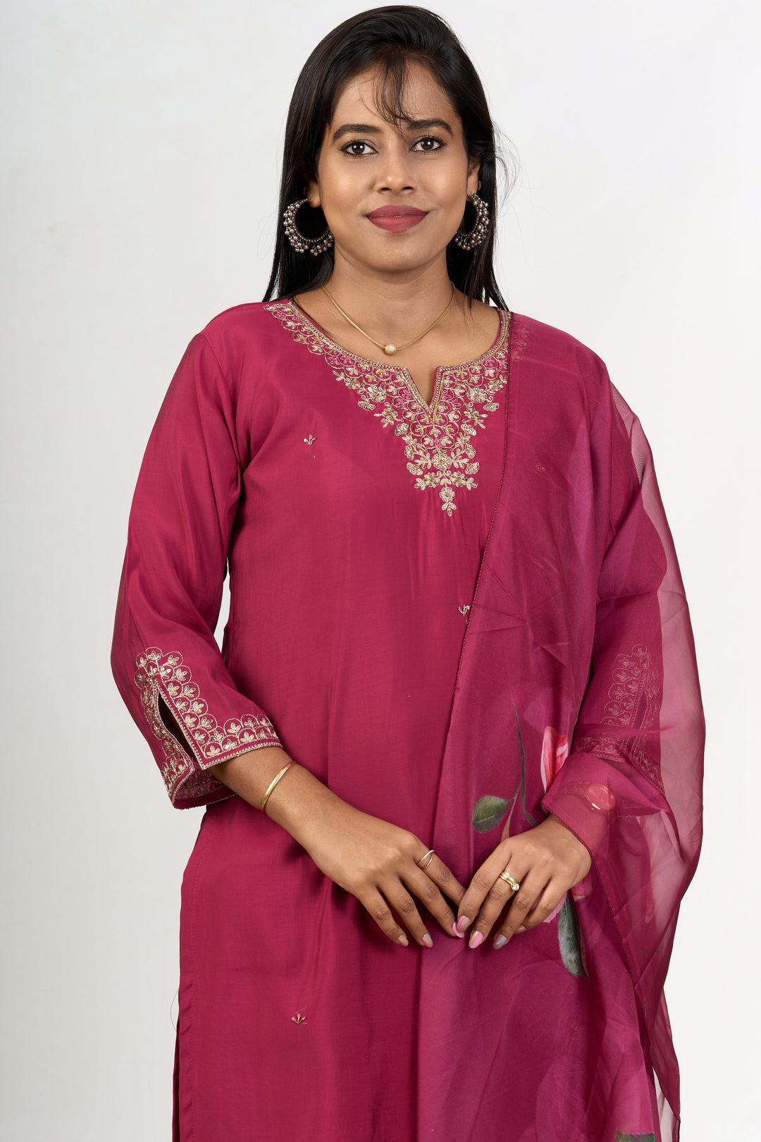 The Nesavu Womens Straight Suit Sets Kurti Dupatta Set in Magenta Blend Silk with Intricate Embroidery for Women Nesavu Magenta Blend Silk Kurti Dupatta Plazo Set Embroidered Details Womens Festive Wear | The Nesavu