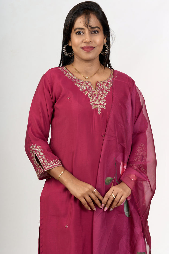 The Nesavu Womens Straight Suit Sets Kurti Dupatta Set in Magenta Blend Silk with Intricate Embroidery for Women Nesavu Magenta Blend Silk Kurti Dupatta Plazo Set Embroidered Details Womens Festive Wear | The Nesavu