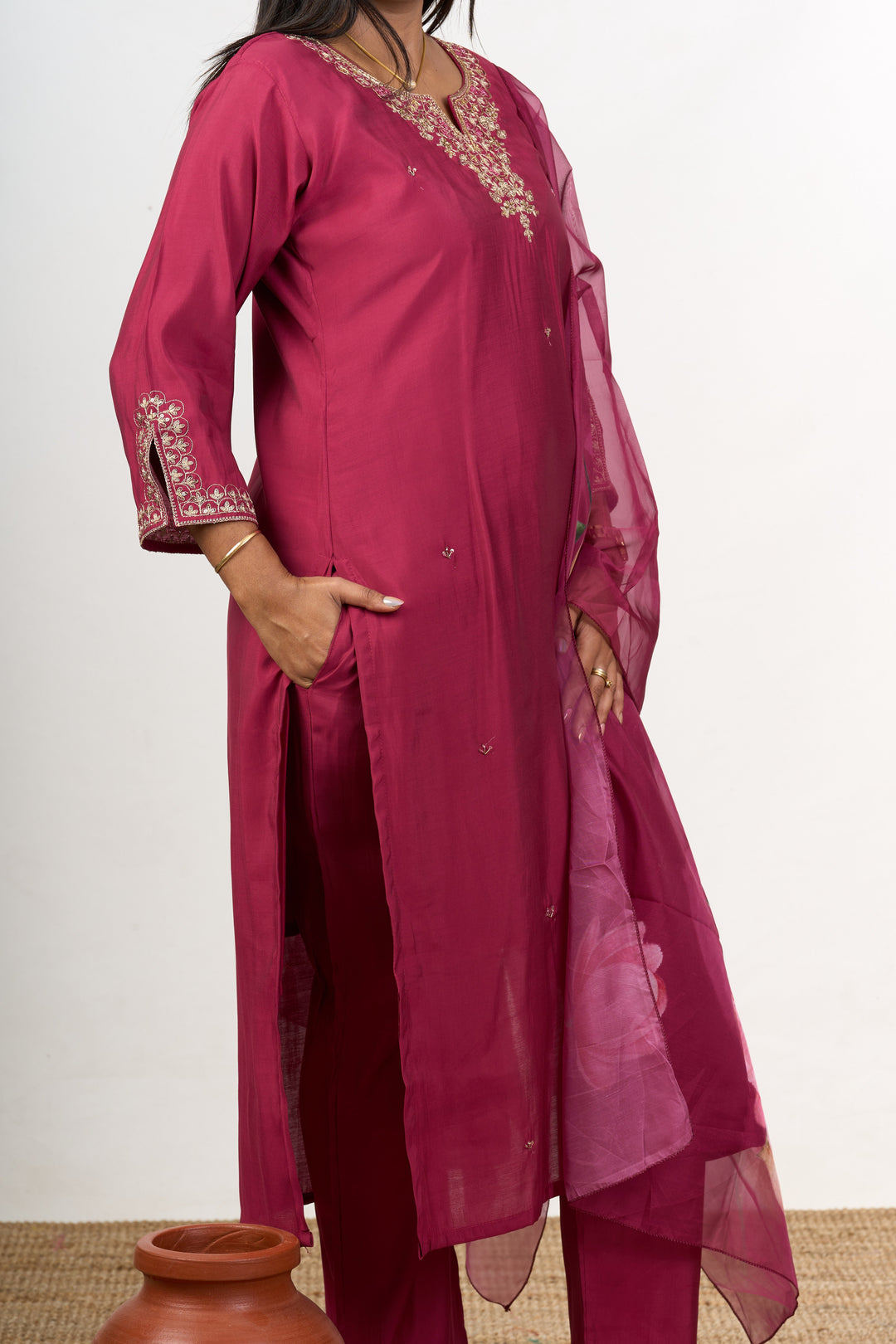 The Nesavu Womens Straight Suit Sets Kurti Dupatta Set in Magenta Blend Silk with Intricate Embroidery for Women Nesavu Magenta Blend Silk Kurti Dupatta Plazo Set Embroidered Details Womens Festive Wear | The Nesavu