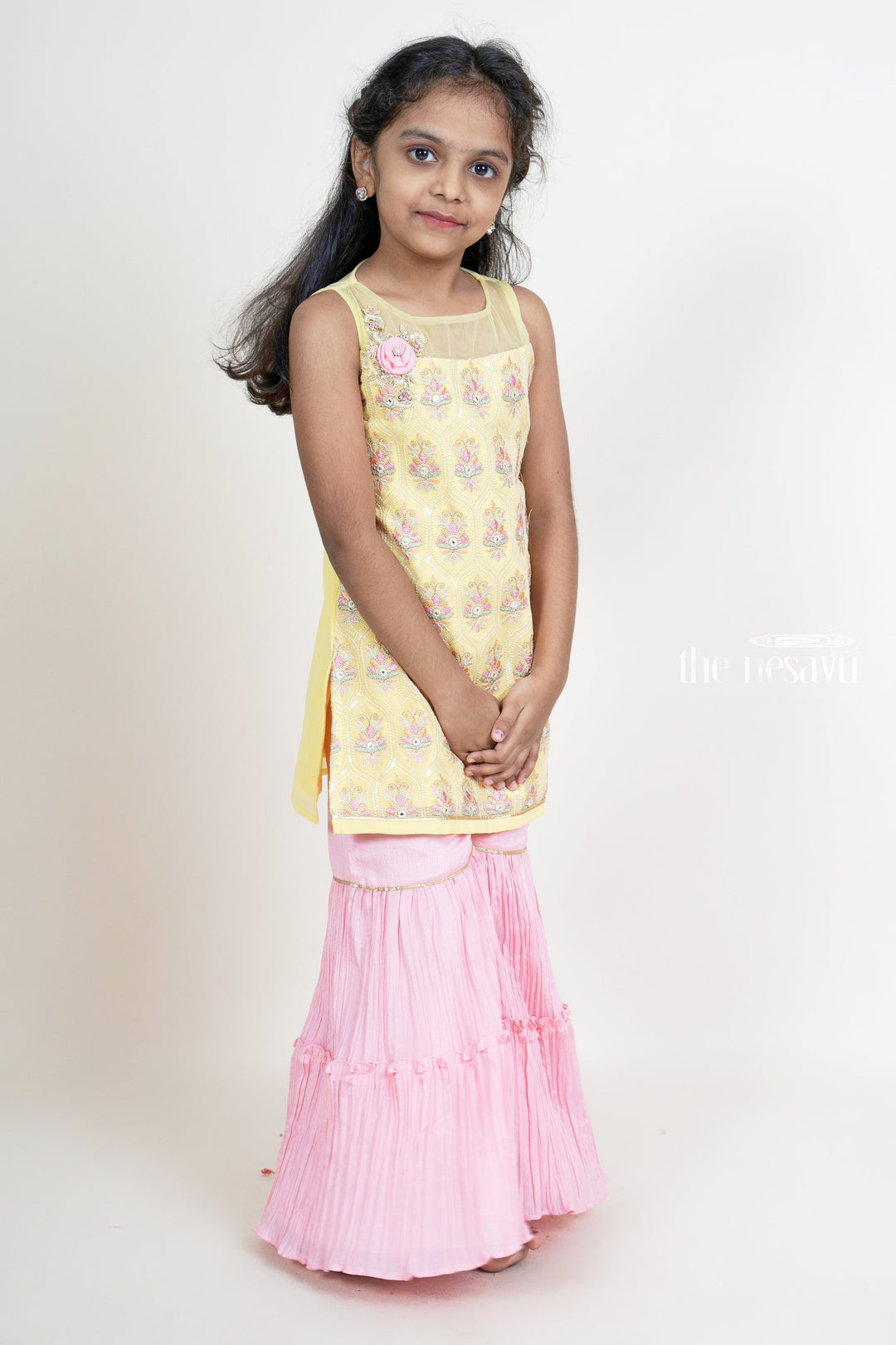 The Nesavu Girls Sharara / Plazo Set Latest Embroidery Yellow With Pink Sharara Pant For Baby Girls Nesavu 16 (1Y) / Yellow GPS078-16 Shop Girls Designer Palazzo Suit Ideas | Latest Festive Wear For Diwali | The Nesavu