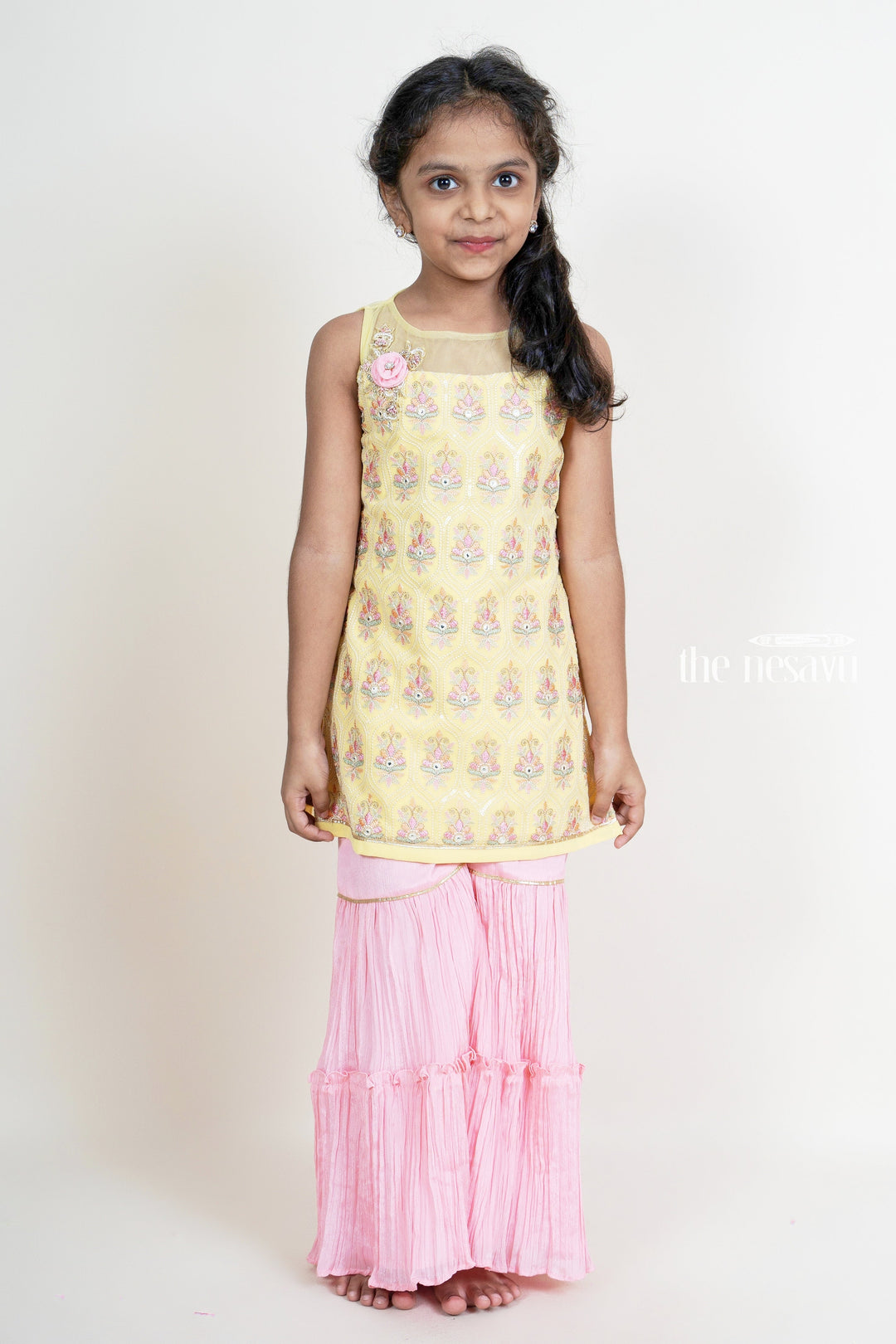 The Nesavu Girls Sharara / Plazo Set Latest Embroidery Yellow With Pink Sharara Pant For Baby Girls Nesavu Shop Girls Designer Palazzo Suit Ideas | Latest Festive Wear For Diwali | The Nesavu