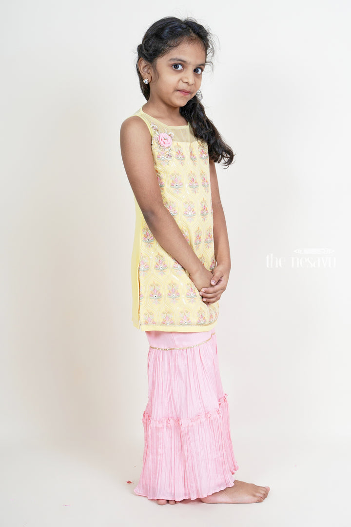 Latest Embroidery Yellow With Pink Sharara Pant For Baby Girls