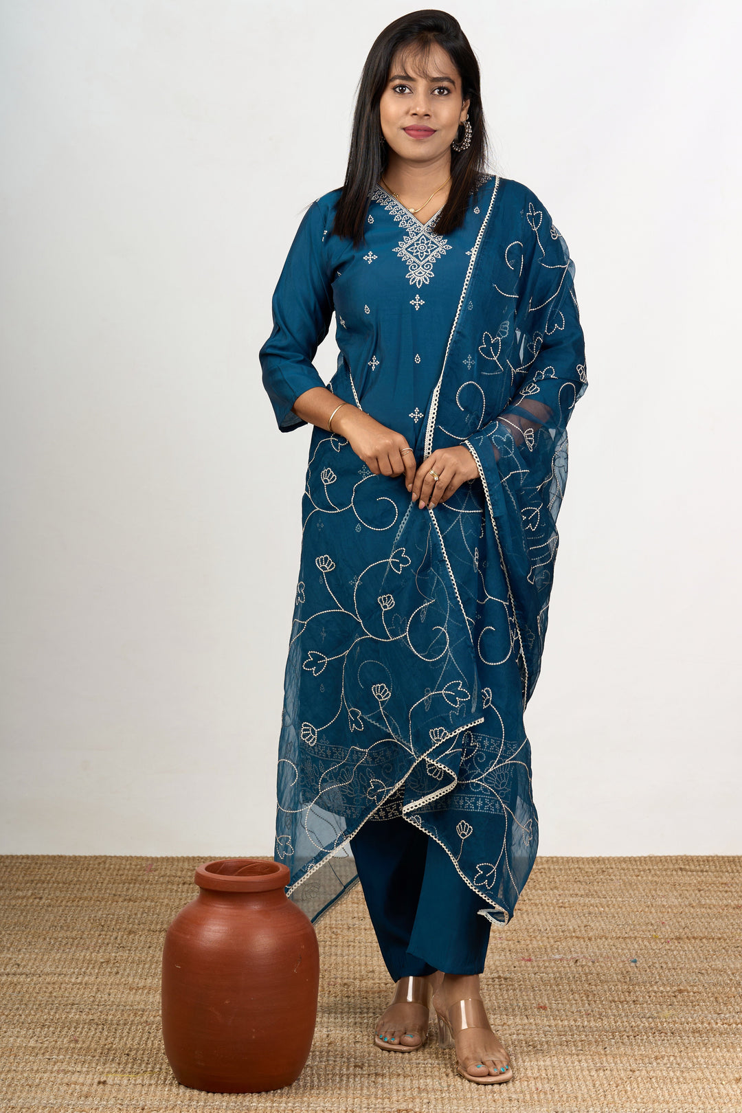 The Nesavu Womens Straight Suit Sets Latest Function Wear Dresses in Blend Silk Womens Straight Suit Set with Floral Embroidery Nesavu Latest Function Wear Dresses Womens Blend Silk Straight Suit Set White Floral Detailing | The Nesavu