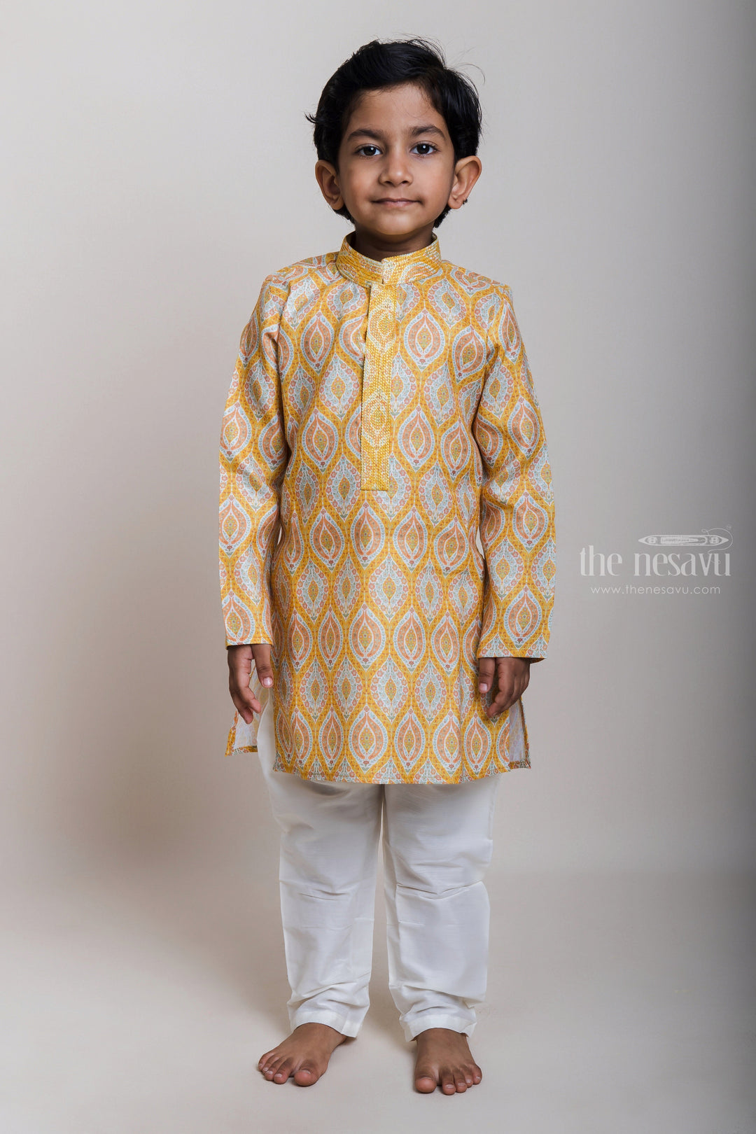 The Nesavu Boys Kurtha Set Latest Printed Yellow Cotton Kurta With Elastic Pyjama For Little Boys Nesavu 14 (6M) / Yellow / Linen BES234-14 Best Ethnic Wear Collection For Boys| Exclusive Designs| The Nesavu