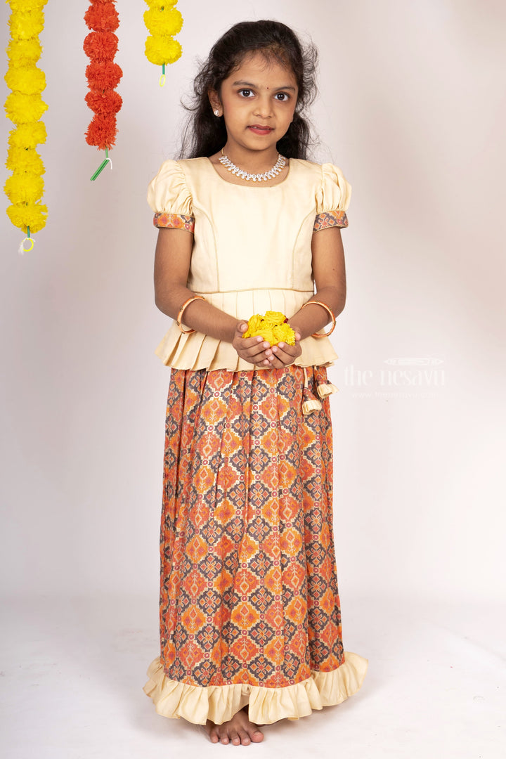 The Nesavu Pattu Pavadai Latest Semi Kanchi Silk Langa Voni For Girls With Designer Peplum Blouse Nesavu 14 (6M) / Beige / Rayon GPP233-14 Traditional Silk Indian Wear For Girls | Baby Girl Pattu Dresses |The Nesavu