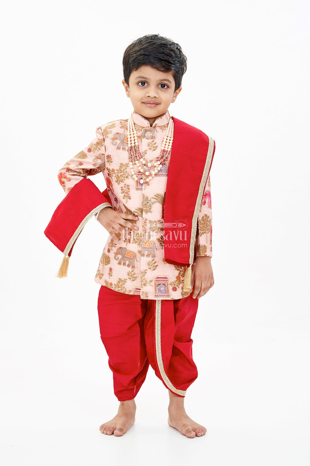 The Nesavu Boys Sherwani Latest Sherwani for Boys with Rich Heritage Print and Maroon Dhoti for Traditional Wear Nesavu 14 (6M) / Peach BES637A-14 Latest Sherwani Boys Heritage Print Maroon Dhoti Festive Wear | The Nesavu