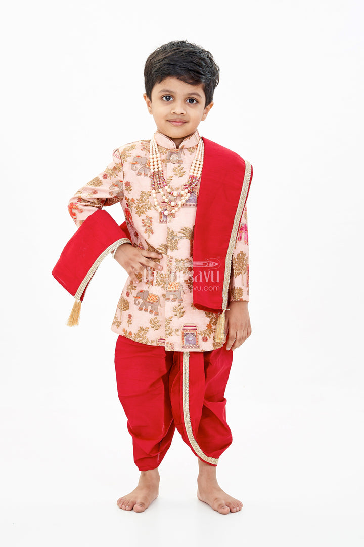 The Nesavu Boys Sherwani Latest Sherwani for Boys with Rich Heritage Print and Maroon Dhoti for Traditional Wear Nesavu 14 (6M) / Peach BES637A-14 Latest Sherwani Boys Heritage Print Maroon Dhoti Festive Wear | The Nesavu