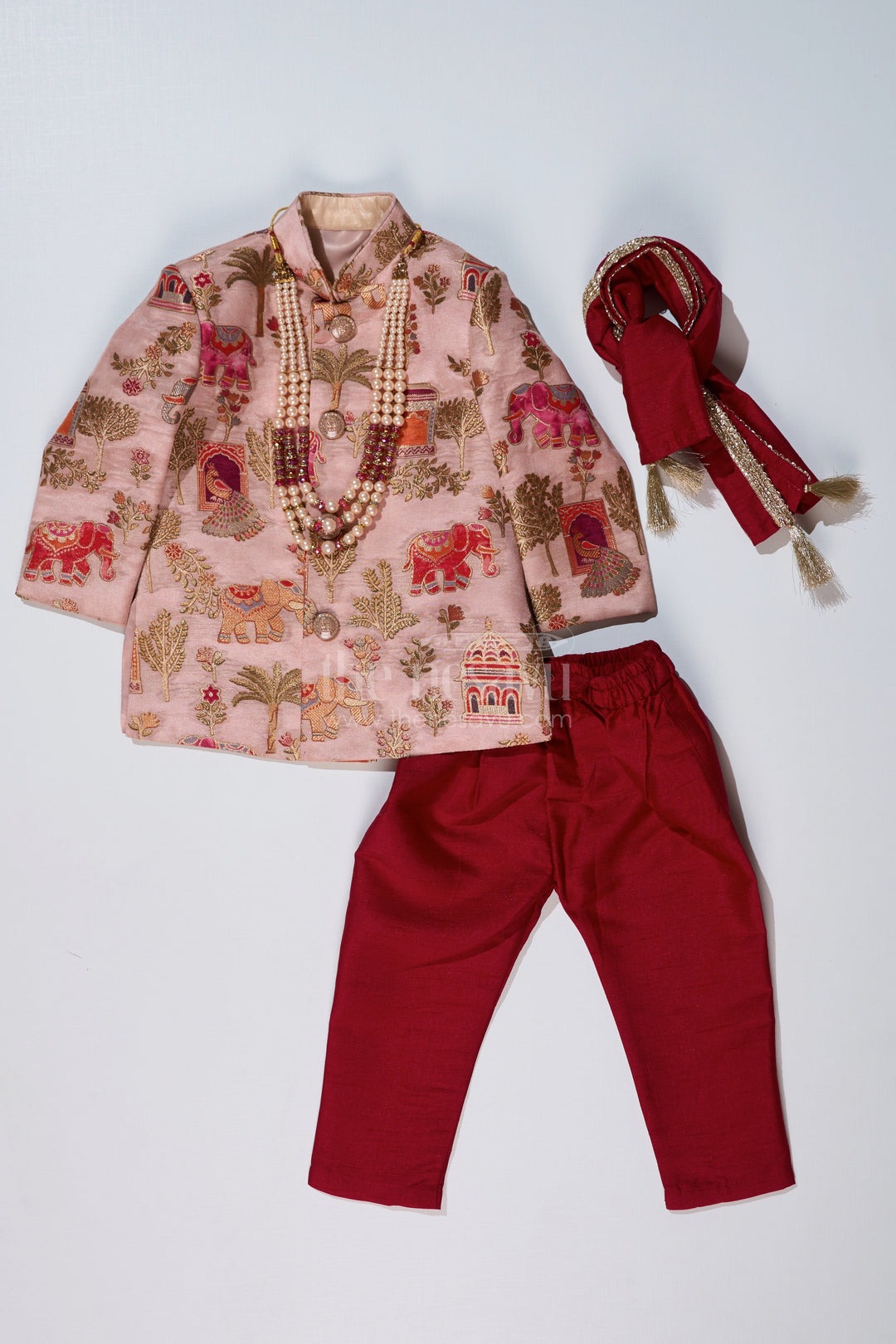 The Nesavu Boys Sherwani Latest Sherwani for Boys with Rich Heritage Print and Maroon Dhoti for Traditional Wear Nesavu Latest Sherwani Boys Heritage Print Maroon Dhoti Festive Wear | The Nesavu