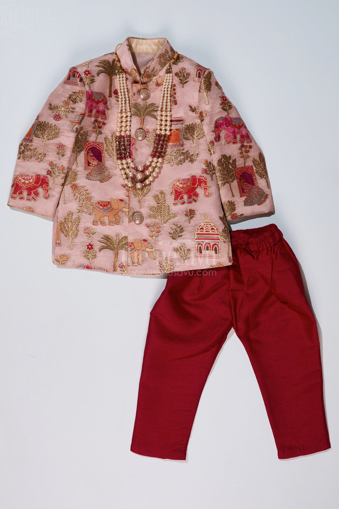 The Nesavu Boys Sherwani Latest Sherwani for Boys with Rich Heritage Print and Maroon Dhoti for Traditional Wear Nesavu Latest Sherwani Boys Heritage Print Maroon Dhoti Festive Wear | The Nesavu