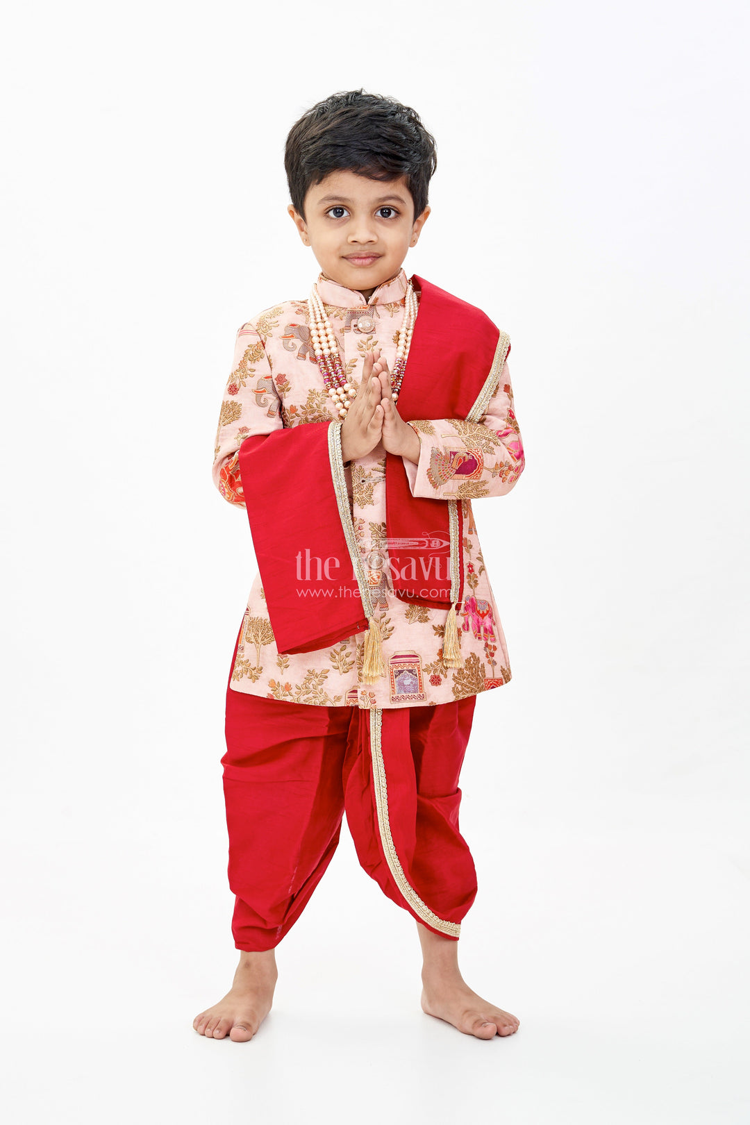 The Nesavu Boys Sherwani Latest Sherwani for Boys with Rich Heritage Print and Maroon Dhoti for Traditional Wear Nesavu Latest Sherwani Boys Heritage Print Maroon Dhoti Festive Wear | The Nesavu