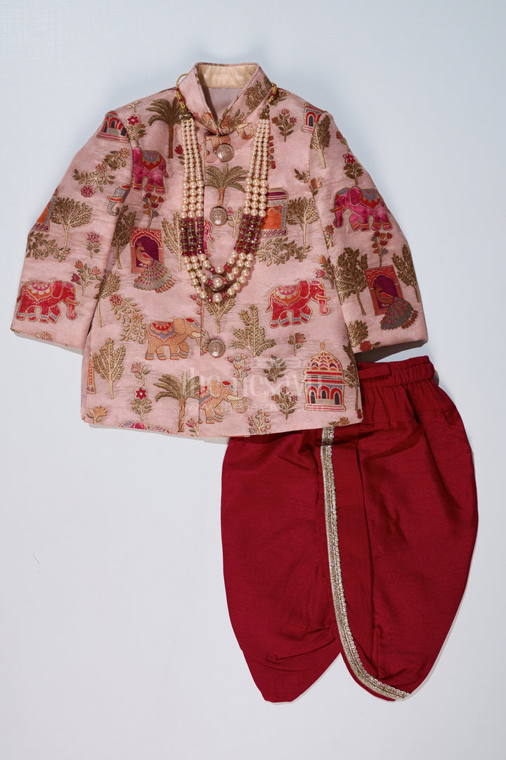 The Nesavu Boys Sherwani Latest Sherwani for Boys with Rich Heritage Print and Maroon Dhoti for Traditional Wear Nesavu Nesavu Latest Sherwani Boys Heritage Print Maroon Dhoti Festive Wear