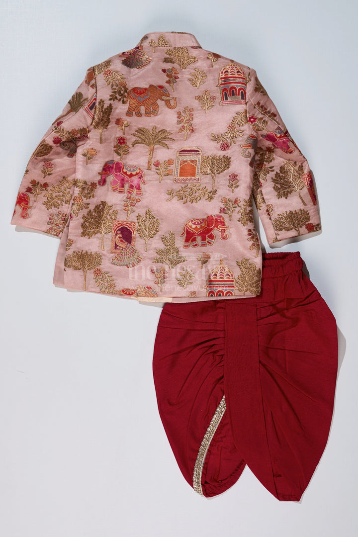 The Nesavu Boys Sherwani Latest Sherwani for Boys with Rich Heritage Print and Maroon Dhoti for Traditional Wear Nesavu Nesavu Latest Sherwani Boys Heritage Print Maroon Dhoti Festive Wear