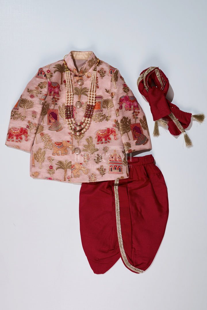 The Nesavu Boys Sherwani Latest Sherwani for Boys with Rich Heritage Print and Maroon Dhoti for Traditional Wear Nesavu Nesavu Latest Sherwani Boys Heritage Print Maroon Dhoti Festive Wear
