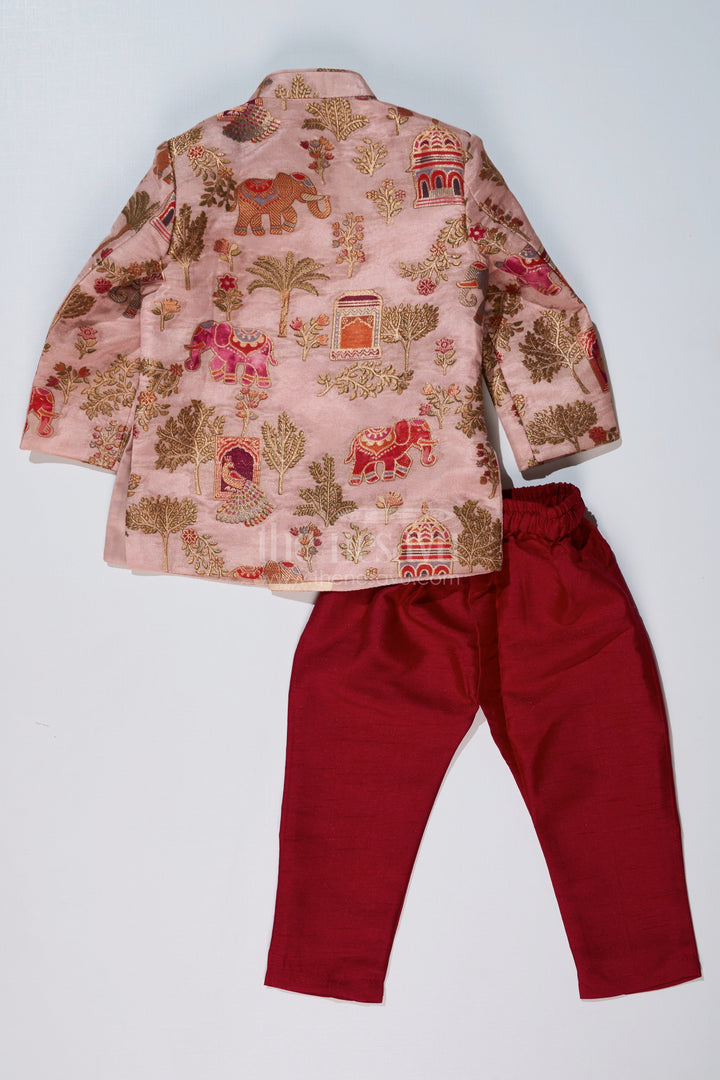 The Nesavu Boys Sherwani Latest Sherwani for Boys with Rich Heritage Print and Maroon Dhoti for Traditional Wear Nesavu Nesavu Latest Sherwani Boys Heritage Print Maroon Dhoti Festive Wear