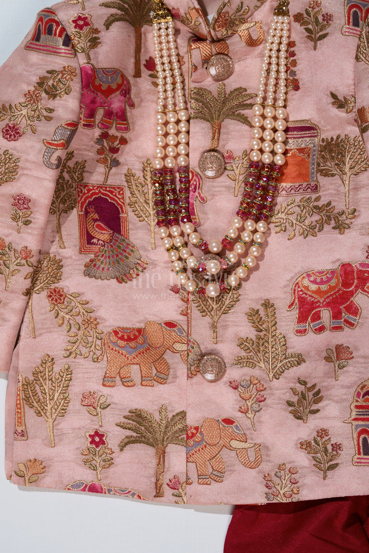 The Nesavu Boys Sherwani Latest Sherwani for Boys with Rich Heritage Print and Maroon Dhoti for Traditional Wear Nesavu Nesavu Latest Sherwani Boys Heritage Print Maroon Dhoti Festive Wear