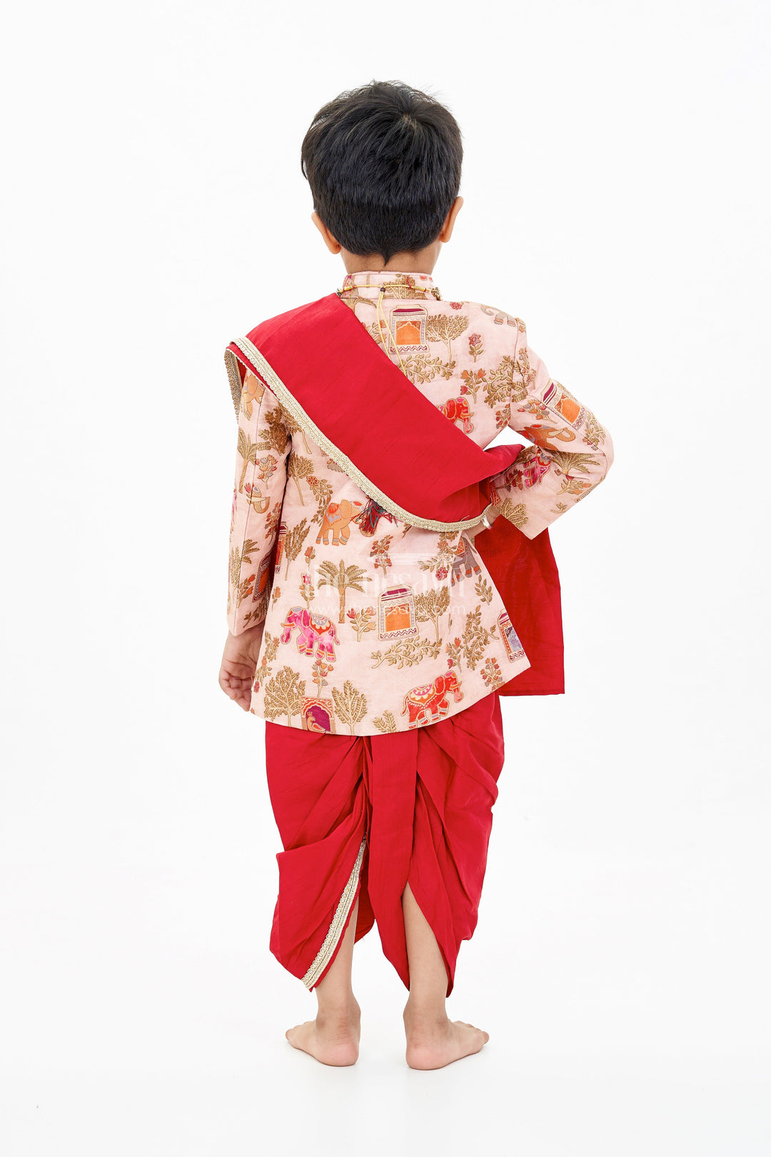 The Nesavu Boys Sherwani Latest Sherwani for Boys with Rich Heritage Print and Maroon Dhoti for Traditional Wear Nesavu Nesavu Latest Sherwani Boys Heritage Print Maroon Dhoti Festive Wear