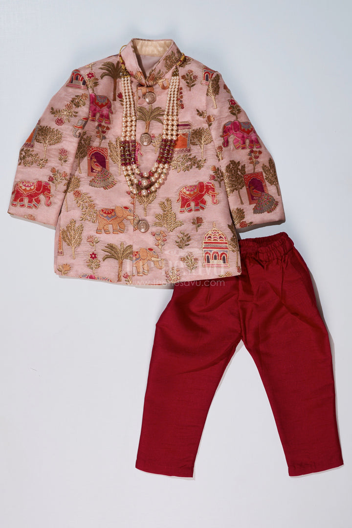 The Nesavu Boys Sherwani Latest Sherwani for Boys with Rich Heritage Print and Maroon Dhoti for Traditional Wear Nesavu Nesavu Latest Sherwani Boys Heritage Print Maroon Dhoti Festive Wear