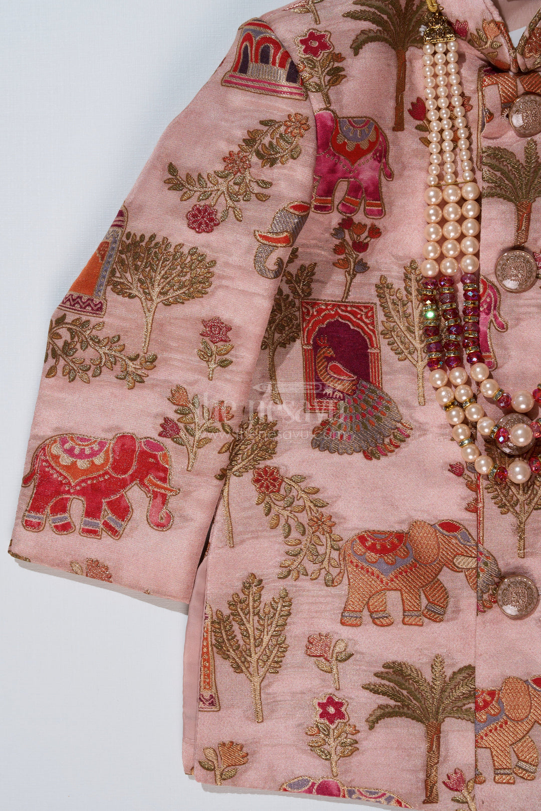 The Nesavu Boys Sherwani Latest Sherwani for Boys with Rich Heritage Print and Maroon Dhoti for Traditional Wear Nesavu Nesavu Latest Sherwani Boys Heritage Print Maroon Dhoti Festive Wear