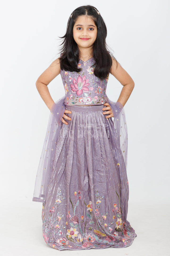 The Nesavu Girls Lehenga Choli Lavender Blended Silk Lehenga Choli for Girls with Floral Embroidery and Pleated Skirt Nesavu 24 (5Y) / Lavender GL501B-24 Nesavu Girls Lavender Blended Silk Lehenga Choli Floral Embroidery Special Occasions