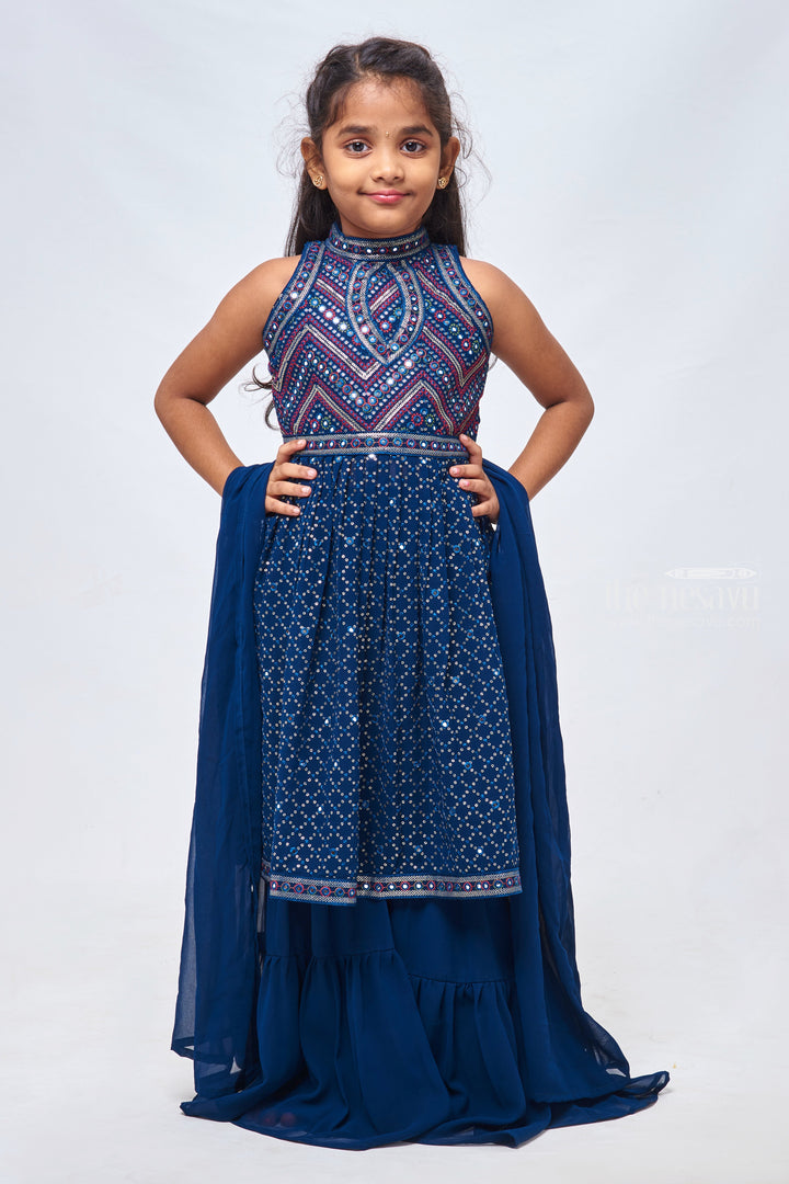 The Nesavu Girls Sharara / Plazo Set Lavish Faux Mirror Sequin Navy Blue Kurti & Sharara: Traditional Glamour for Girls Nesavu 24 (5Y) / Blue / Georgette GPS166A-24 Kurti With Sharara Set | Traditional Outfit for Girls | the Nesavu