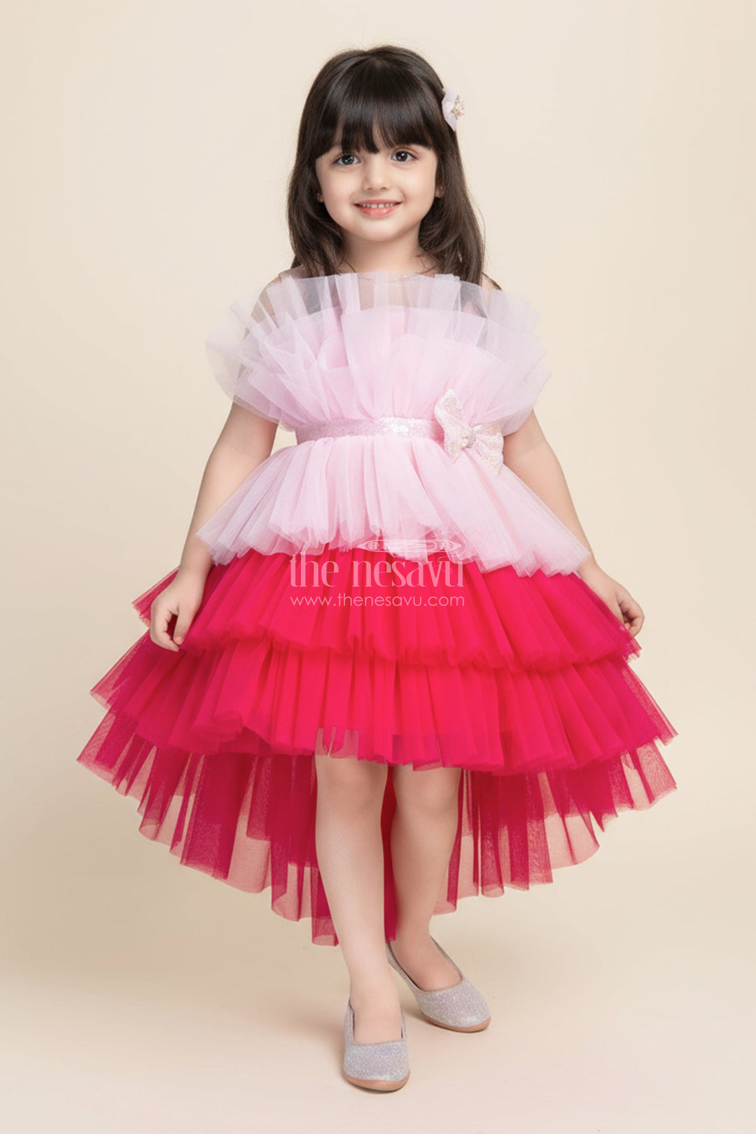 The Nesavu Girls Fancy Party Frock Layered Net Party Frock for Toddler Girls for Birthdays and Photo Shoots Nesavu 16 (1Y) / Pink PF233A-16 Nesavu layered net frock toddler girls frills bow  perfect birthdays photo shoots