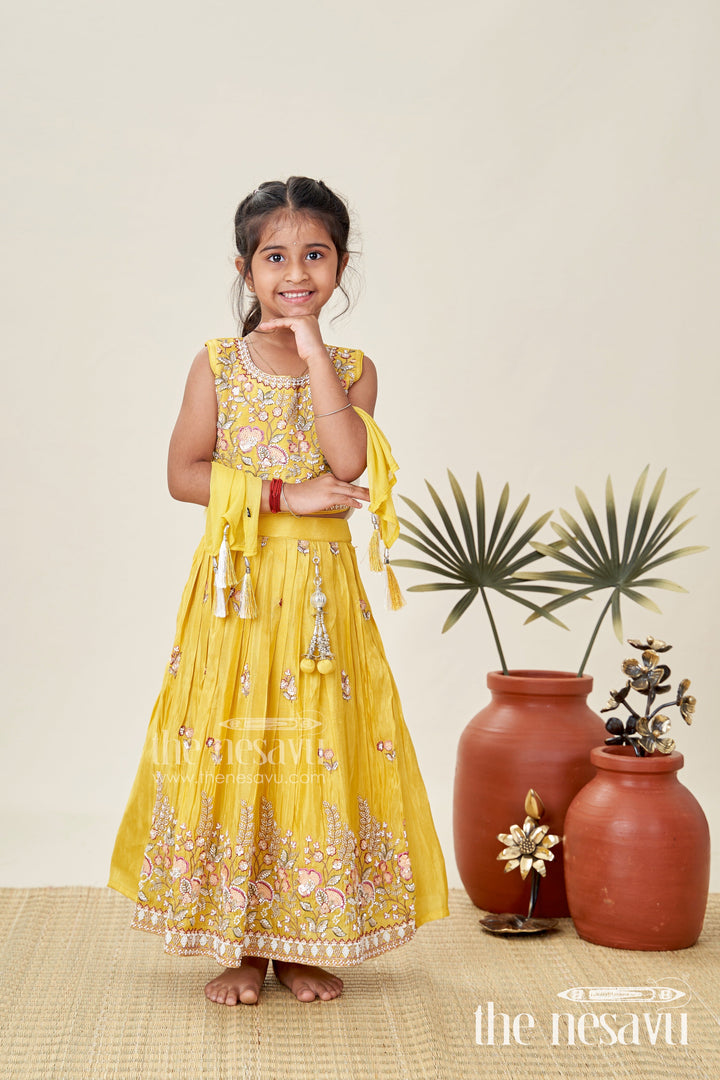 The Nesavu Girls Lehenga Choli Lehenga Choli for Girls with Handcrafted Work in Vibrant Yellow Tissue Silk and Sequin Detailing Nesavu 16 (1Y) / Yellow GL711A-16 Nesavu Yellow Silk Lehenga Choli Girls Handcrafted Sequin Floral Embroidery
