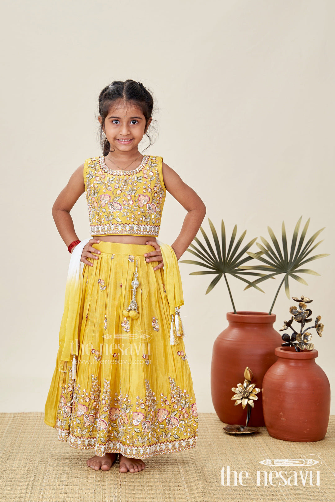 The Nesavu Girls Lehenga Choli Lehenga Choli for Girls with Handcrafted Work in Vibrant Yellow Tissue Silk and Sequin Detailing Nesavu Nesavu Yellow Silk Lehenga Choli Girls Handcrafted Sequin Floral Embroidery