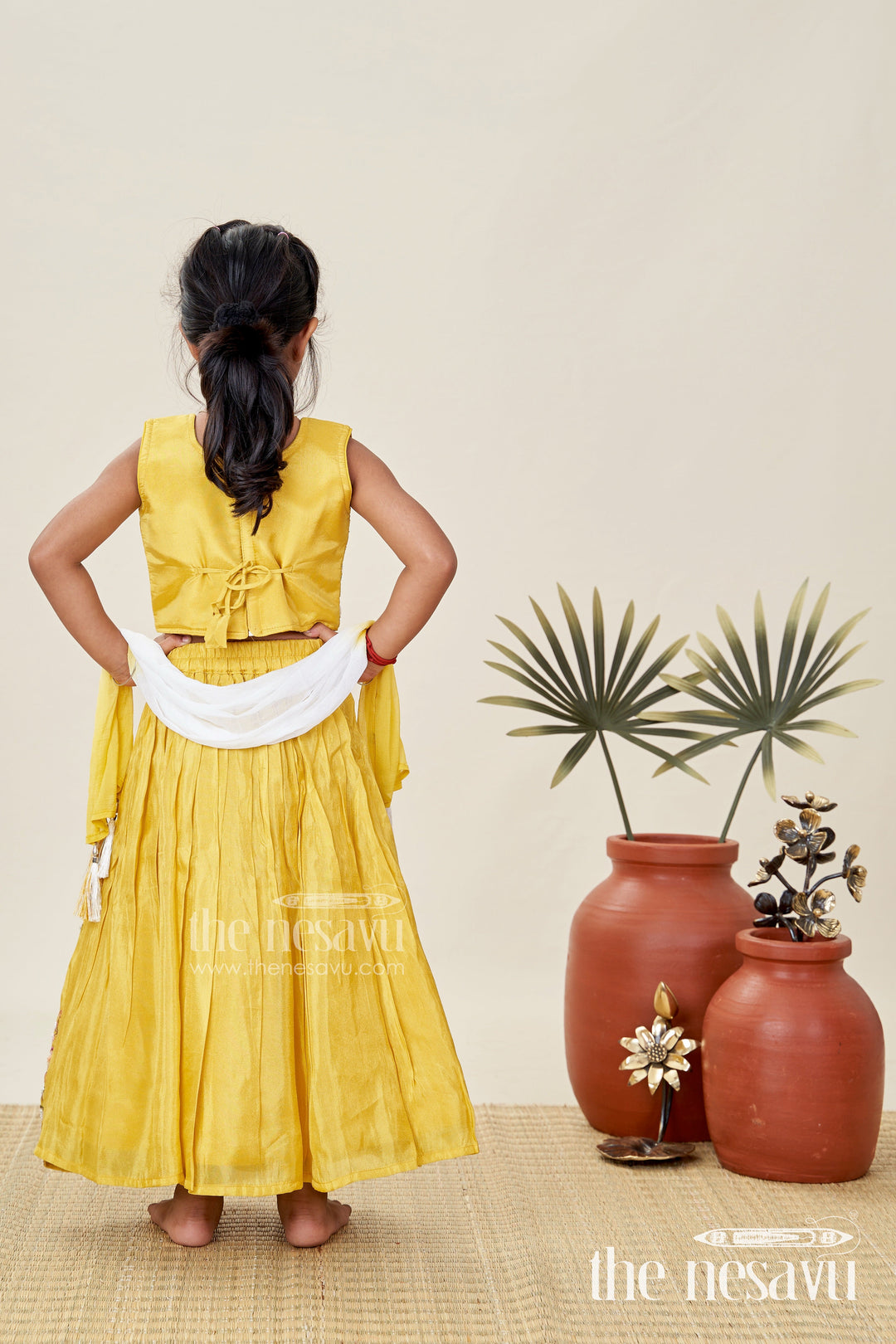 The Nesavu Girls Lehenga Choli Lehenga Choli for Girls with Handcrafted Work in Vibrant Yellow Tissue Silk and Sequin Detailing Nesavu Nesavu Yellow Silk Lehenga Choli Girls Handcrafted Sequin Floral Embroidery
