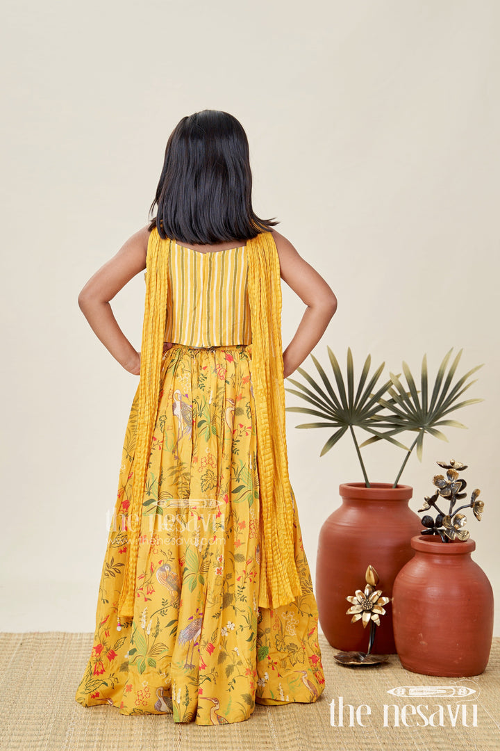 The Nesavu Girls Lehenga Choli Lehenga for Girls with Mirror Work Occasionwear Set Nesavu Nesavu Yellow Girls Printed Lehenga Set Striped Mirror Work Blouse Special Festive Occasions