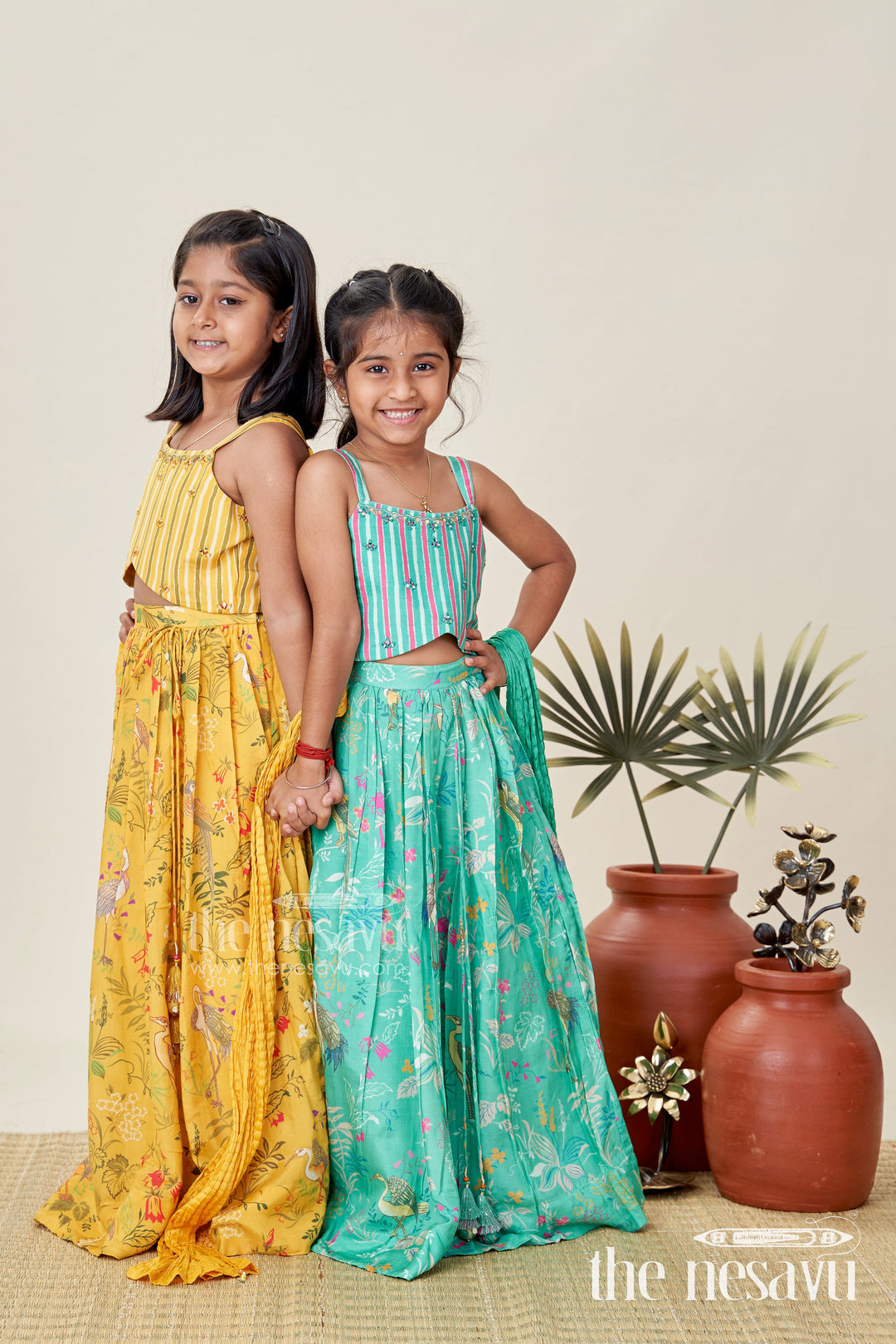 The Nesavu Girls Lehenga Choli Lehenga for Girls with Mirror Work Occasionwear Set Nesavu Nesavu Yellow Girls Printed Lehenga Set Striped Mirror Work Blouse Special Festive Occasions