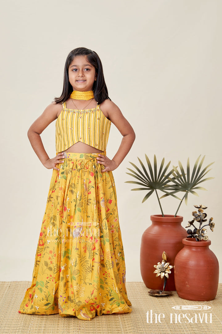 The Nesavu Girls Lehenga Choli Lehenga for Girls with Mirror Work Occasionwear Set Nesavu Nesavu Yellow Girls Printed Lehenga Set Striped Mirror Work Blouse Special Festive Occasions