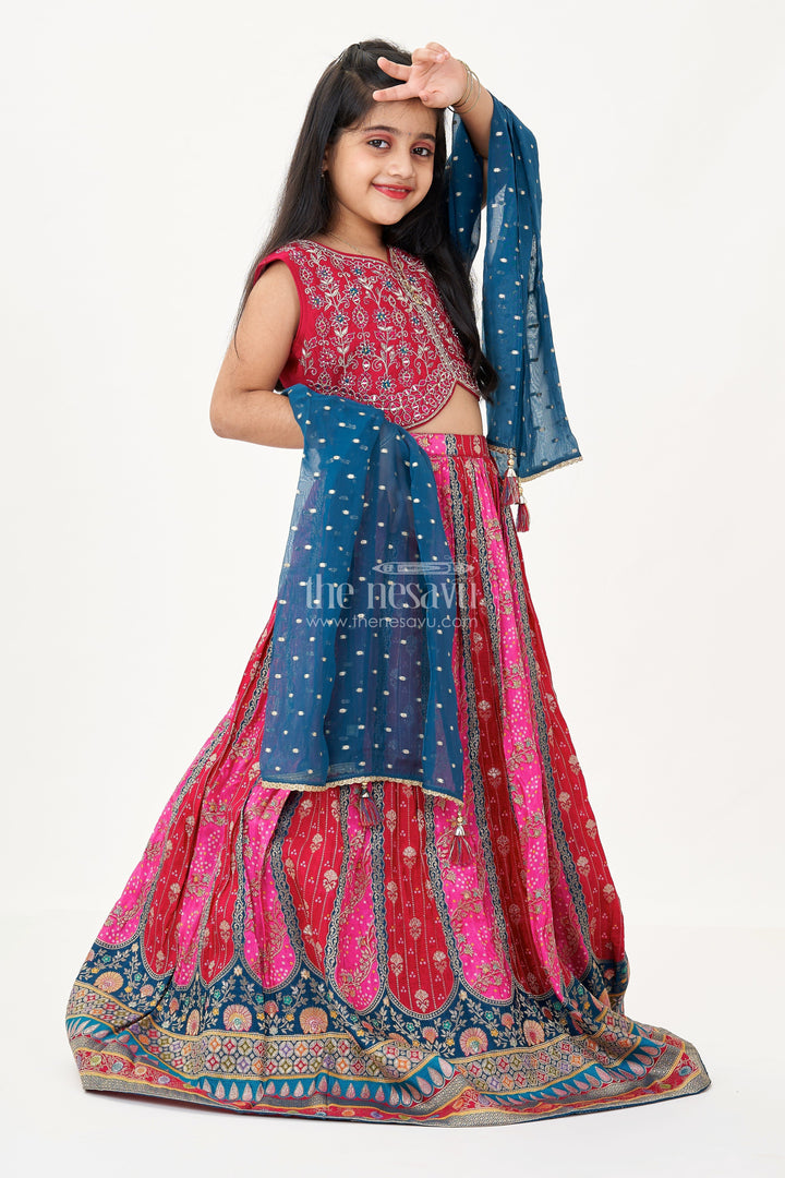 The Nesavu Girls Lehenga Choli Lehenga for Kids in Pure Viscose Silk with Multicolor Digital Print and Embroidered Choli Nesavu 24 (5Y) / Pink GL621A-24 Lehenga Kids Viscose Silk Printed Skirt Embroidered Mirror Work Choli | The Nesavu