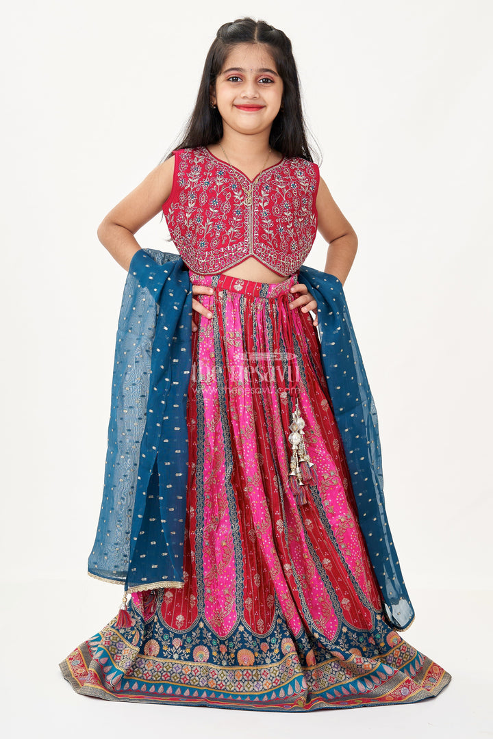 The Nesavu Girls Lehenga Choli Lehenga for Kids in Pure Viscose Silk with Multicolor Digital Print and Embroidered Choli Nesavu Lehenga Kids Viscose Silk Printed Skirt Embroidered Mirror Work Choli | The Nesavu