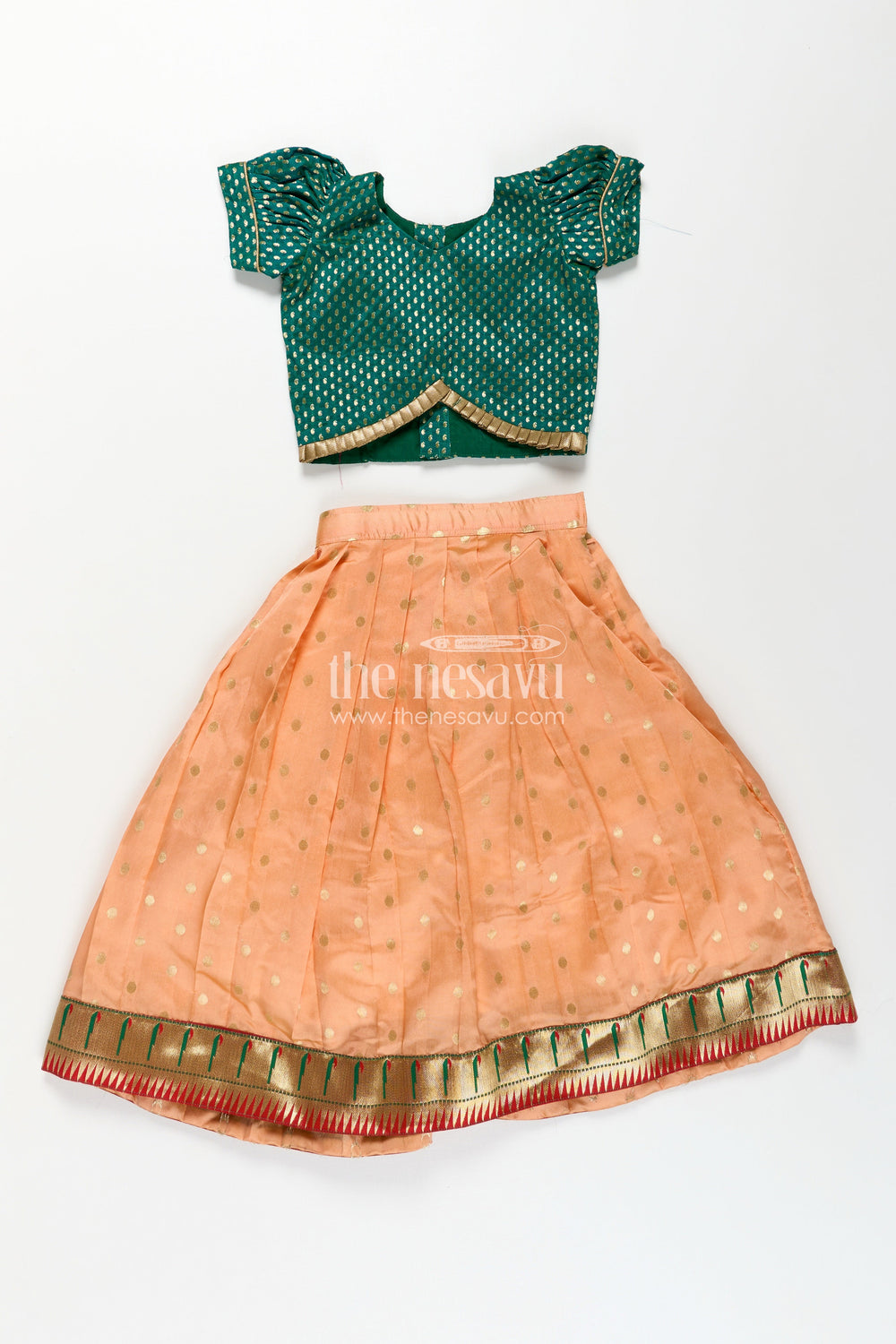 The Nesavu Pattu Pavadai Lehenga Pattu Pavadai for Girls in Orange and Green with Paithani Embellished Banaras Skirt Nesavu Lehenga Pattu Pavadai Girls Semi Banaras Skirt Paithani Border Orange Green | The Nesavu